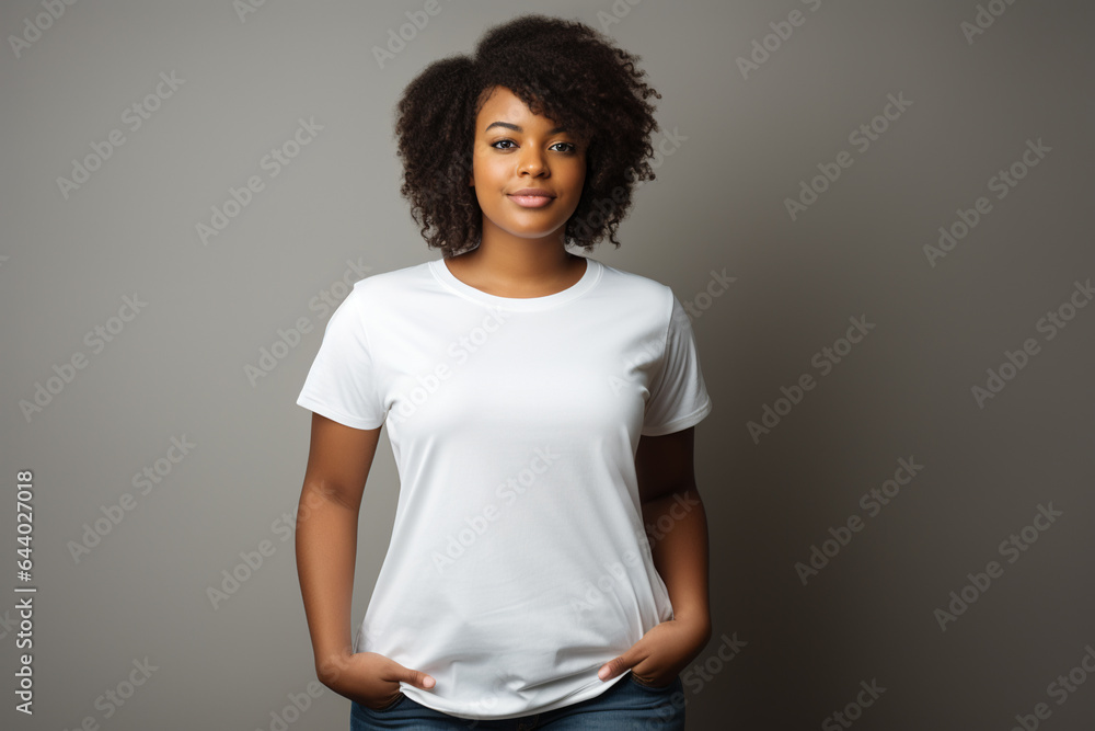 design mockup: beautiful plus sized black woman wearing white blank t-shirt on a neutral background design mockup: beautiful plus sized black woman wearing white blank t-shirt on a neutral background
