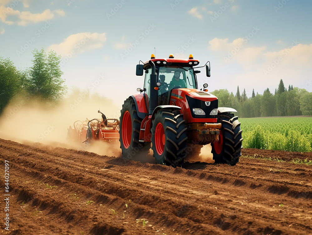 Fototapeta premium Agricultural industry tractors machinery tools plow large areas soil preparation and reducing labor costs.A
