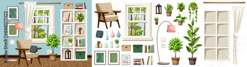 Living room interior design with blue walls, an armchair, a shelving, a window, and houseplants. Cozy room interior design. Furniture set. Interior constructor. Cartoon vector illustration