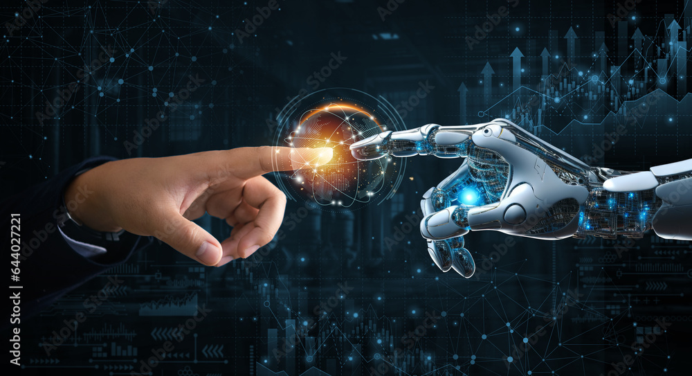 Hands of robot and human touching on big data connection on stock graph background. Science and artificial intelligence technology, innovation of futuristic. AI, Machine learning.
