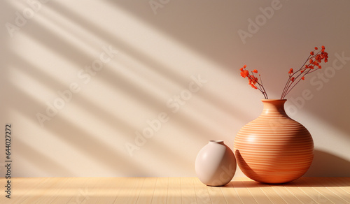 3d mock rendering a wooden vase in a corner of a room, in the style of light orange, sunlight stripes, for presentation< background, backdrop, mock up