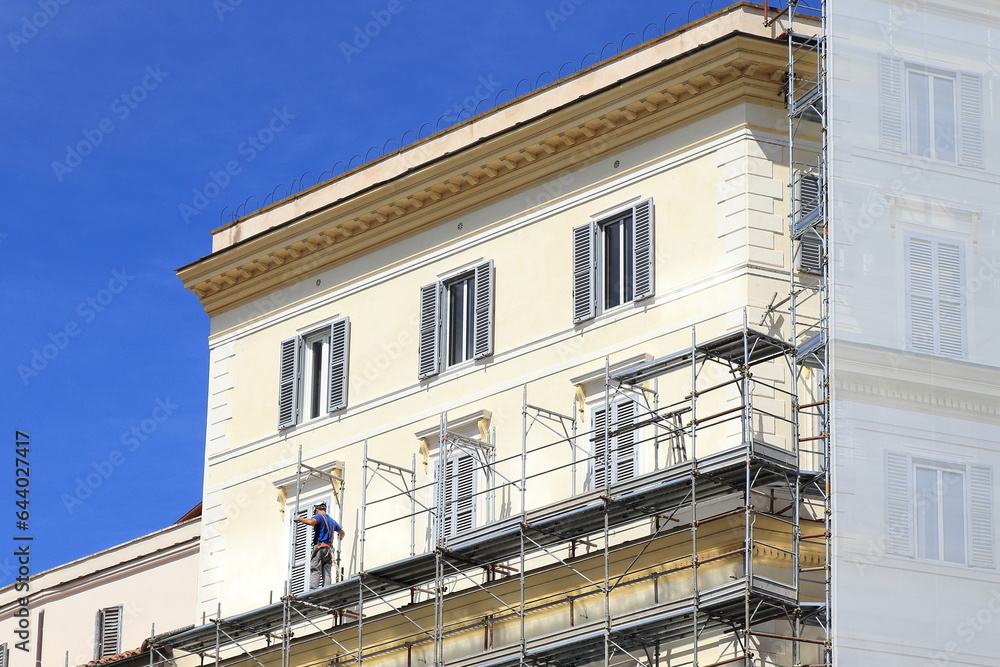 Piazza Mignanelli Square Building Facade During Renovation Works in Rome, Italy