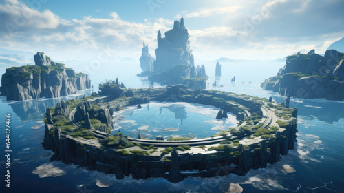 a ring-shaped island in the middle is water in a fantastic fantasy world.