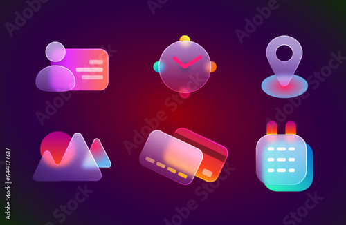Realistic set of glassmorphism ui icons for website, mobile app. Vector illustartion of location, gallery, contact, calendar, credit card, clock glass morphism effect design element on blur background