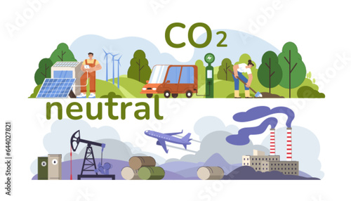 CO2 neutral, eco balance concept. People help save carbon neutrality, compensate air pollution from factories and industry. Characters protect atmosphere from smog and reduce emissions to environment.