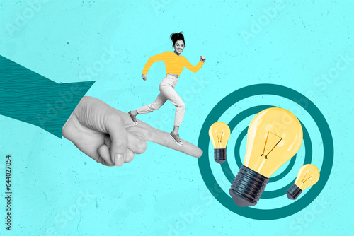 Photo banner collage image of running funny girl thoughts eureka genius decision finger show way to success isolated on blue background