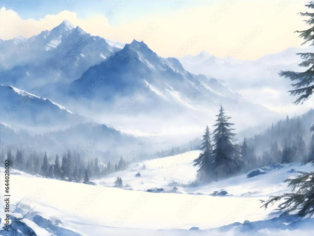 Winter watercolor mountain view background
