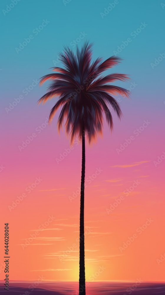 Obraz premium A palm tree is silhouetted against a colorful sunset