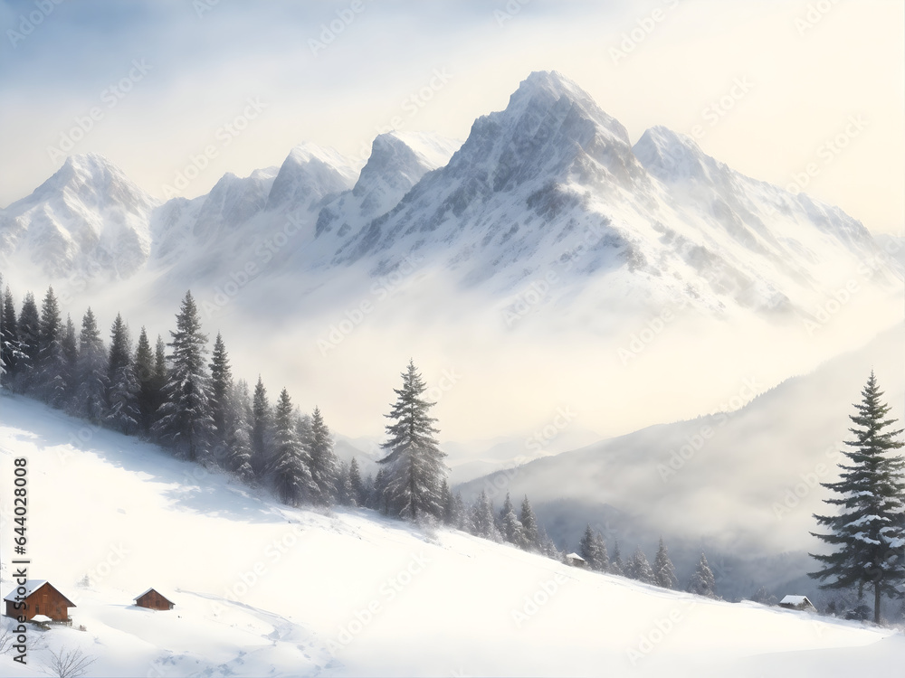 Winter watercolor mountain view background