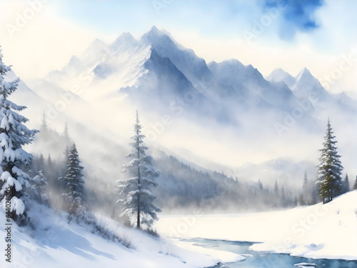 Winter watercolor mountain view background © APXIII