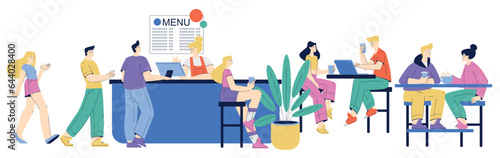 People Characters at Cafe Order Food at Counter and Sitting at Table Vector Illustration
