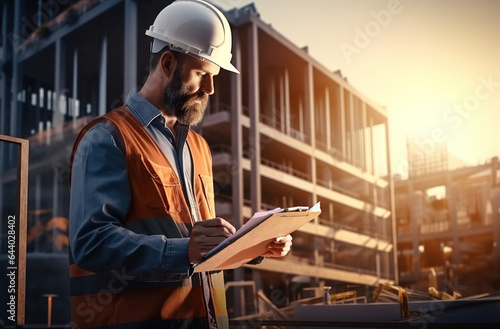 Male Civil architect engineer inspecting and working outdoors building side with blueprints. Engineering and architecture concept.
