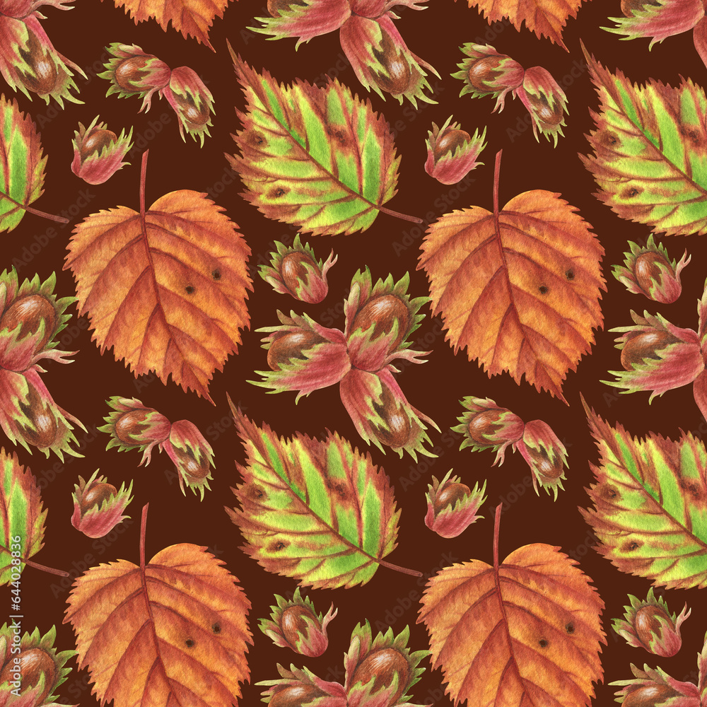 Autumn nuts and leaves. Watercolor seamless pattern on dark background. Perfect for greeting cards, covers, prints, patterns, scrapbooking, logo Autumn nuts and leaves. Watercolor seamless pattern on dark background. Perfect for greeting cards, covers, prints, patterns, scrapbooking, logo