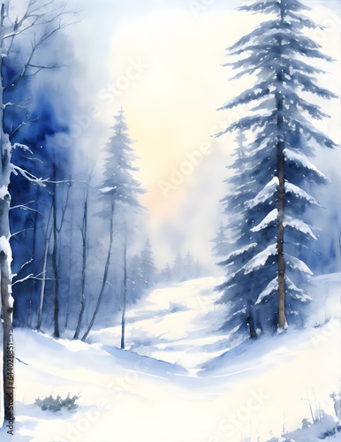 Winter watercolor forest view background