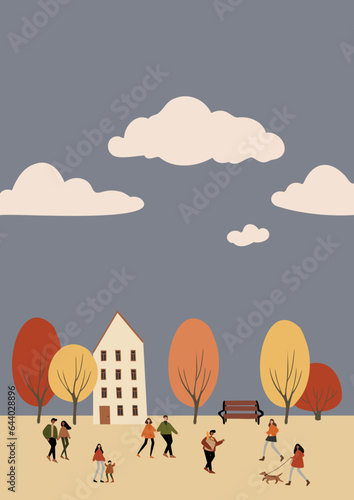 fall scene clipart, autumn poster with people at city park, fall season printable card, autumn vibes wall art print, Flat style vector illustration clipart, digital download, cartoon character.