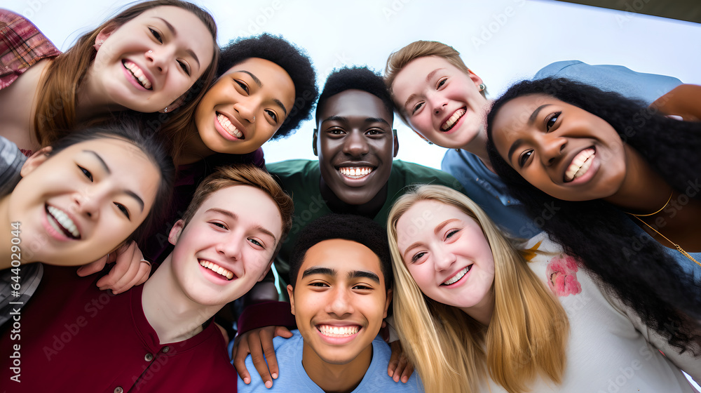 Fototapeta premium Portrait diverse group of university student friendship taking picture together outside, Smiling multicultural friends looking looking to camera outside the university campus
