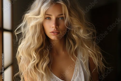 close up photo young beautiful girl with long light hair