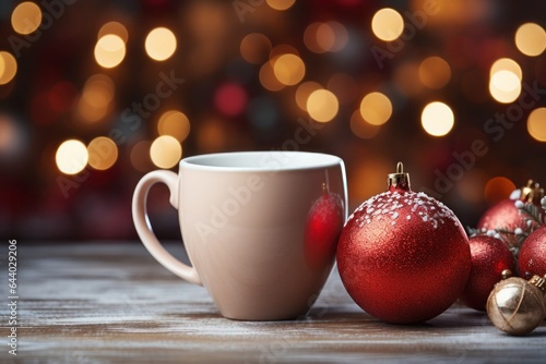 mug with christmas decorations on the background