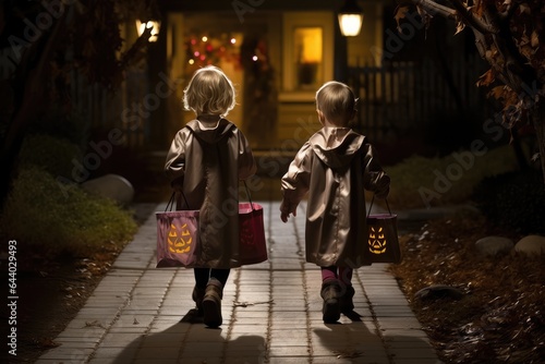two children wearing Halloween costumes walking towards a house entrance. 