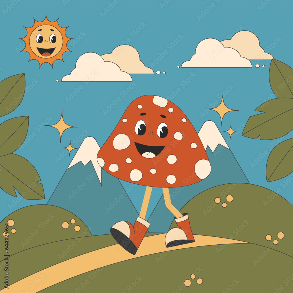 Groove retro poster sun cute mushroom walk in nature. Vector illustration poster in retro hippie style of the 1970s. Groove retro poster sun cute mushroom walk in nature. Vector illustration poster in retro hippie style of the 1970s.