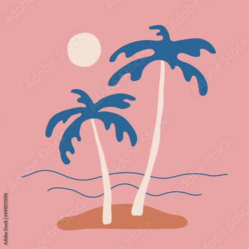 Hand Drawn Tropical Island Vector Illustration. Sunset on the Beach with Palm Trees and Sea. Beach Vibe.