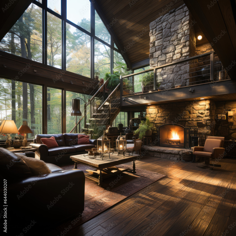 A rustic cabin with wood walls and stone chimney
A rustic cabin with wood walls and stone chimney