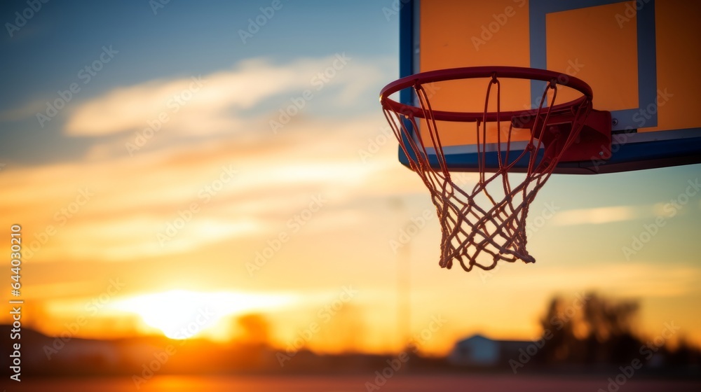 A basketball hoop with the sun setting in the background