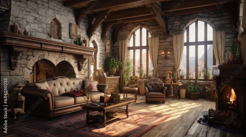 Background from a Medieval Living Room - Medieval Living Room Tapestry - A Blend of History and Modern Comfort - Living Room Interior in the Medieval Style created with Generative AI Technology