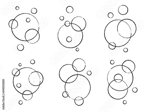 Set of flat line bubbles made by brushes. Soap foam, carbonated drink, oxygen bubble pictogram, vector illustration.