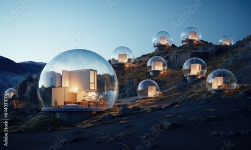 In the futuristic city, bubble houses add a whimsical touch to the urban landscape.