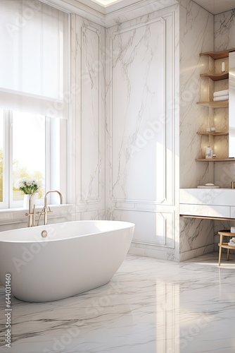 White Marble Bathroom Interior Design - A Sanctuary of Luxury and Relaxation - Bathroom Artistry with Stone Elegance - Bathroom in White Luxury Marble Background created with Generative AI Technology