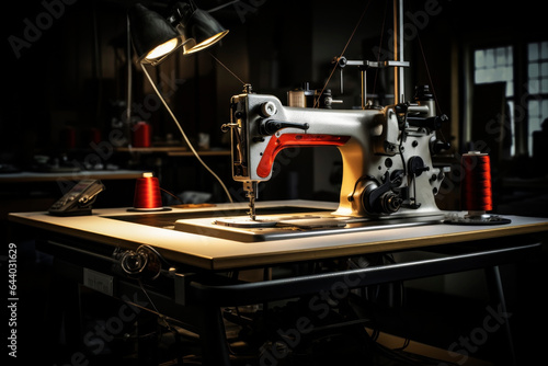 Industrial sewing machine in production. Generative AI photo