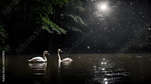 Fototapeta Naklejka Na Ścianę i Meble -  Two white swans at the lake in the night