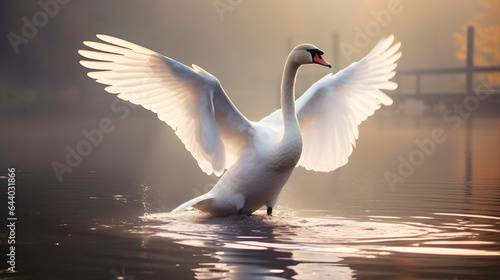 Fototapeta Naklejka Na Ścianę i Meble -  Mute swan flapping wings in the lake.