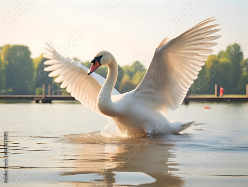 Mute swan flapping wings in the lake. © May Thawtar