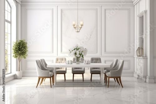  White Marble Dining Room Interior Design - White Marble Dining Room Brilliance Background - Celebration of Luxury Mealtime Elegance - Modern Dining Space Charm created with Generative AI Technology