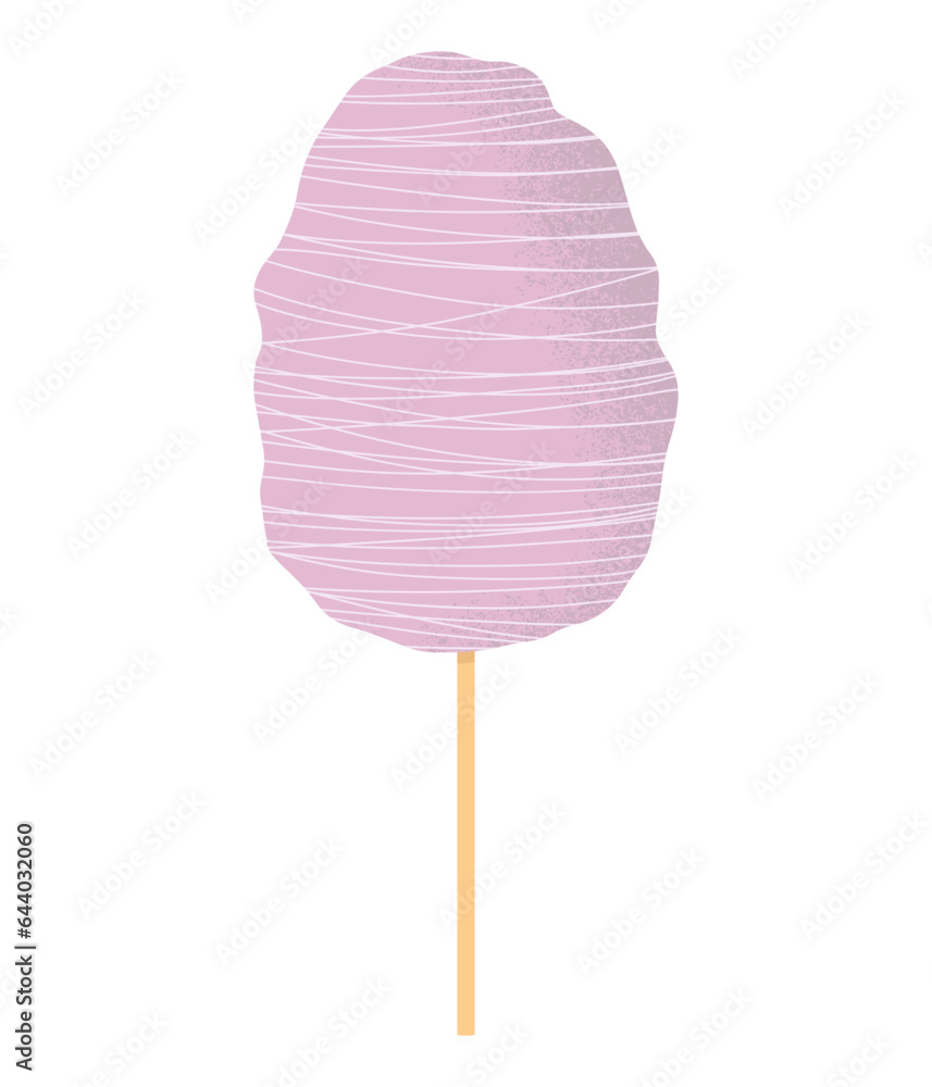 Flat vector cartoon illustration of cotton candy on a stick. Sweet street food for kids and adults. Isolated design on a white background. Flat vector cartoon illustration of cotton candy on a stick. Sweet street food for kids and adults. Isolated design on a white background.