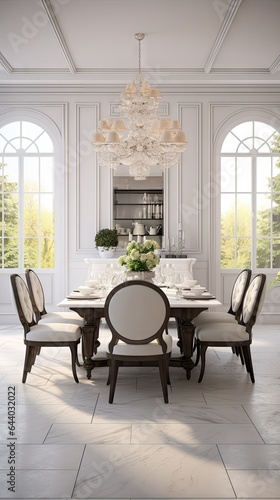  White Marble Dining Room Interior Design - White Marble Dining Room Brilliance Background - Celebration of Luxury Mealtime Elegance - Modern Dining Space Charm created with Generative AI Technology