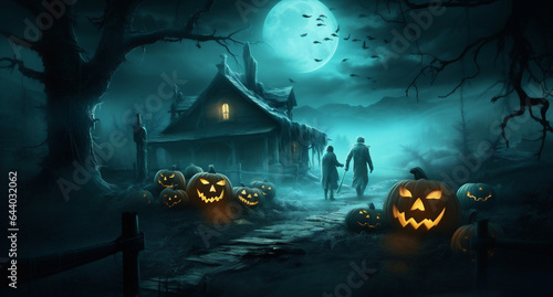 holiday halloween moon pumpkin cemetery grave horror bat dark night. Generative AI. © VICHIZH