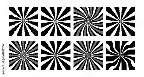 Set of retro backgrounds sunbeams explosion stars. Vector abstract background of swirling rays and curves. Psychedelic illusion poster templates.