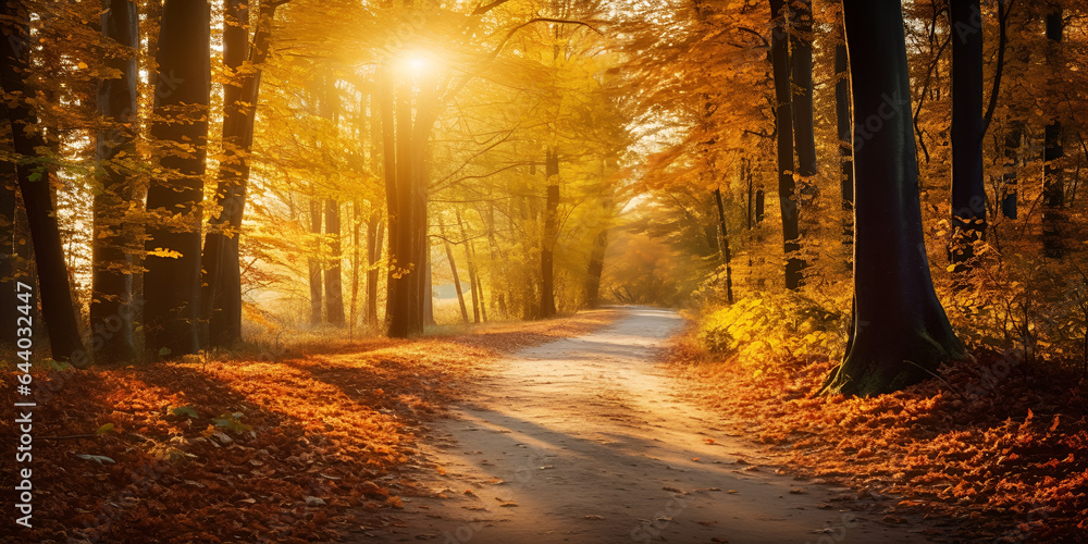 Bright Sun In Autumn Forest ,light rays fall landscape tree,Fantasy Background Magic Forestbeautiful Autumn Landscape