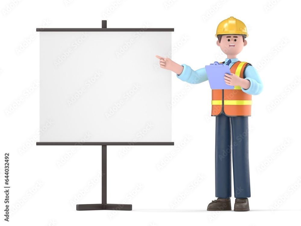 3D illustration of male engineer Owen with Blank Board as Presentation of Information, Instruction or Advertisement,Product Flip-Chart Mockup.
