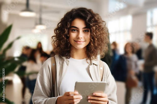 Studying in college, academic year, education concept. Portrait of pretty female student holding tablet while standing on university campus and looking at camera indoors