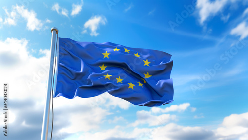 Flag of the European Union waving in the wind on flagpole against the sky with clouds on sunny day, close-up. Made with AI gereration