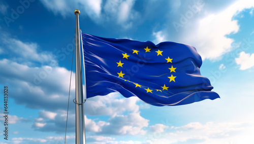 Flag of the European Union waving in the wind on flagpole against the sky with clouds on sunny day, close-up. Made with AI gereration