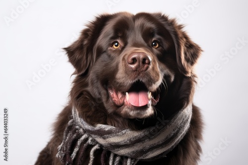 Medium shot portrait photography of a happy newfoundland dog wearing a warm scarf against a white background. With generative AI technology