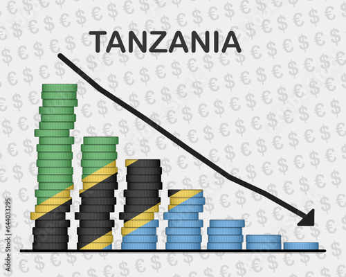 Tanzania economic collapse, decreasing values with coins, crisis and downgrade concept