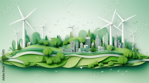 Green city illustration. Renewable energy and ecology concept. Paper art style.