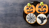 Halloween Gingerbread Cookies. Top view, copy space.