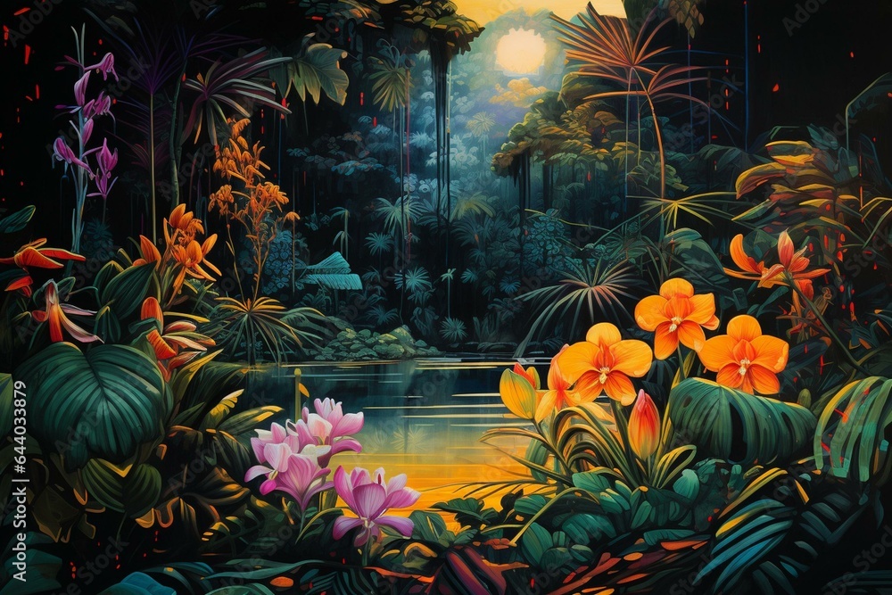 Square-framed jungle scene featuring vibrant yellow and orange neon-lit tropical flora. Generative AI
